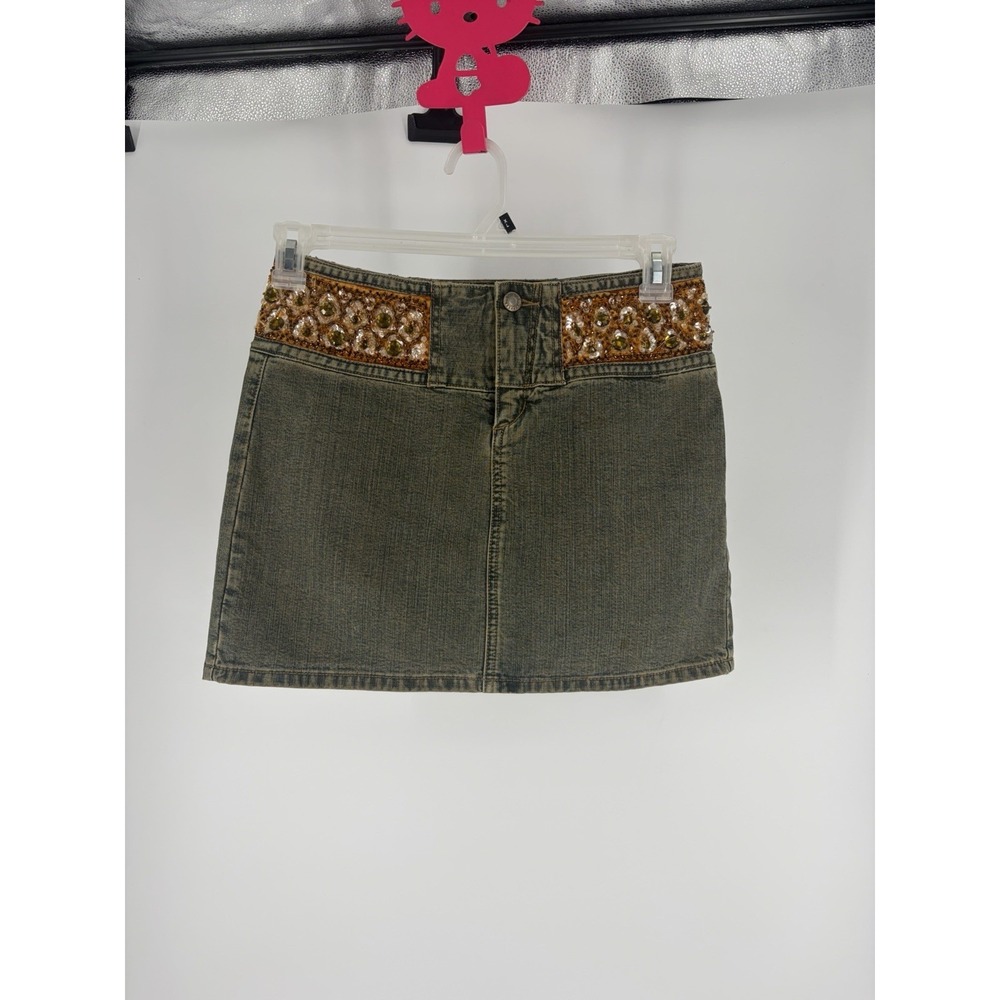 VTG Express Denim Mini Skirt Beaded Sequin Boho McBling 3/4 Boho Indie Festival